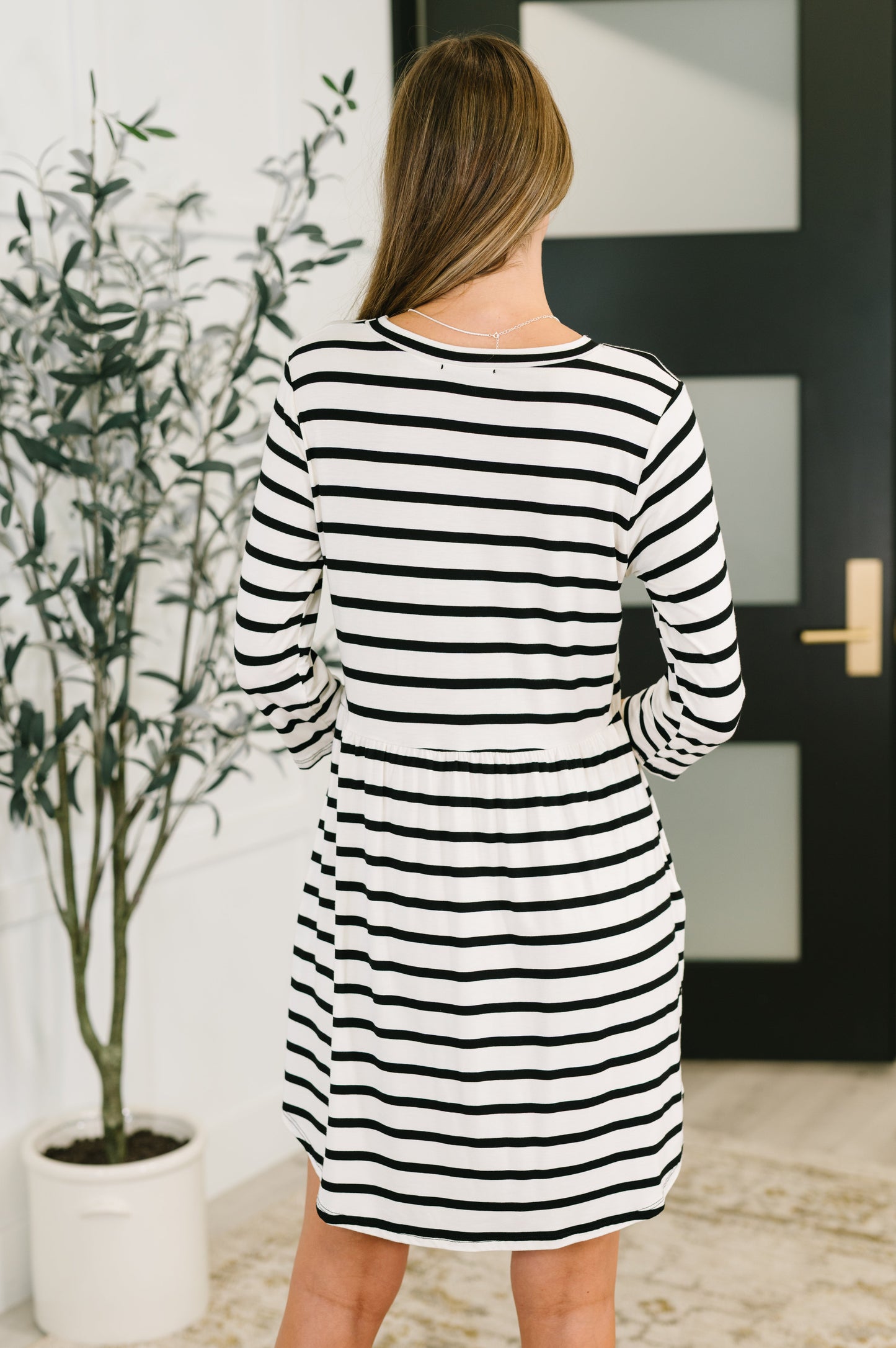 Andie Scooped Hem Casual Dress in Black and White Striped
