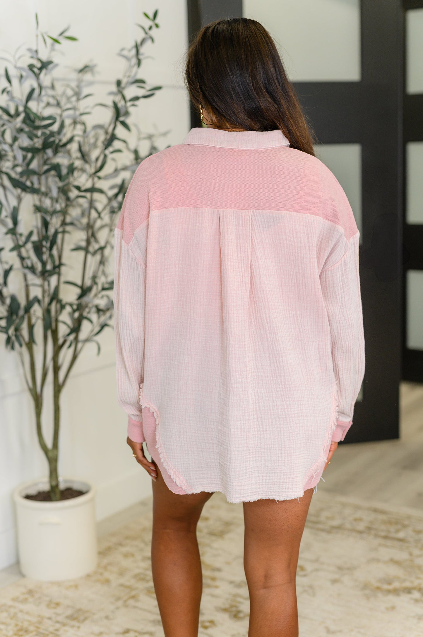 Nessa Full Front Button Down Shacket in Pink
