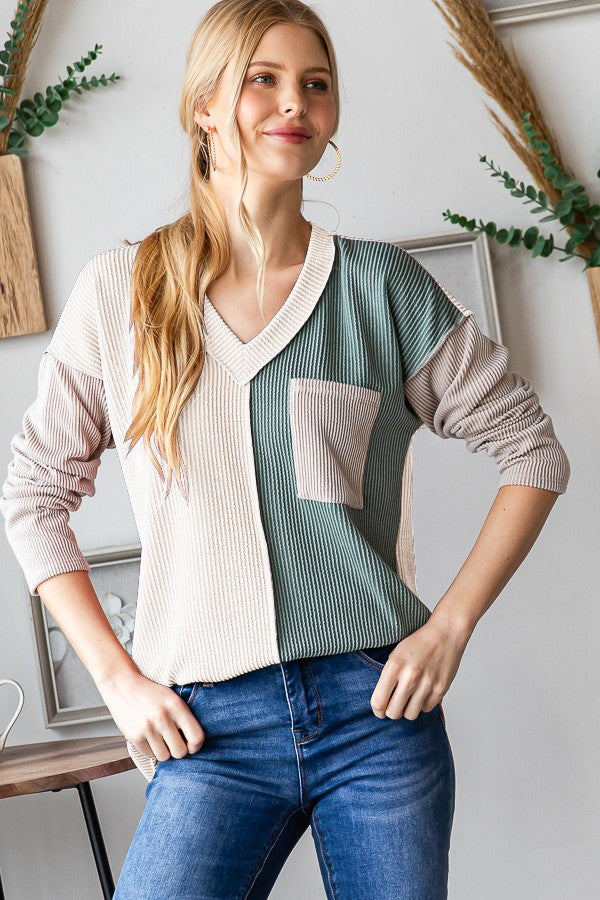 Color Block Exposed Seam Ribbed Top