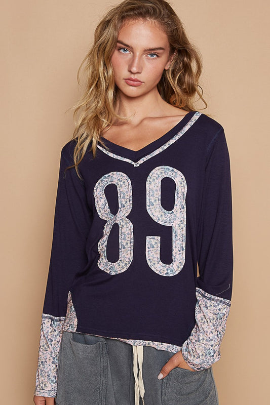 V-Neck Long Sleeve Floral Number Patch T-Shirt