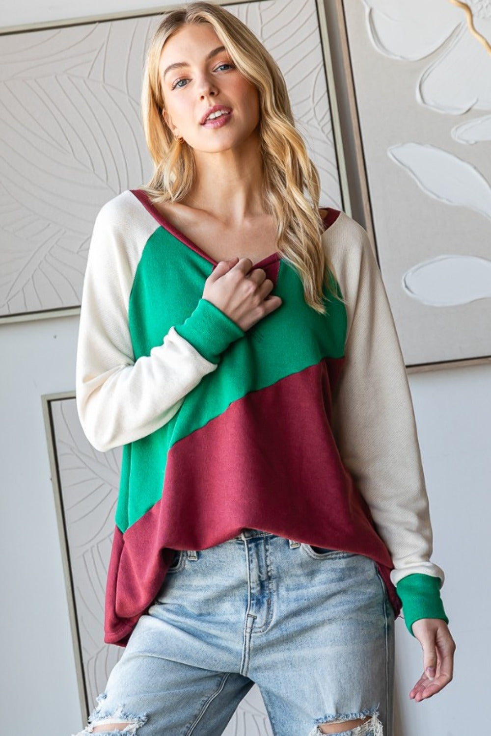 Kami Color Block Long Sleeve Top in K Green/Burgundy