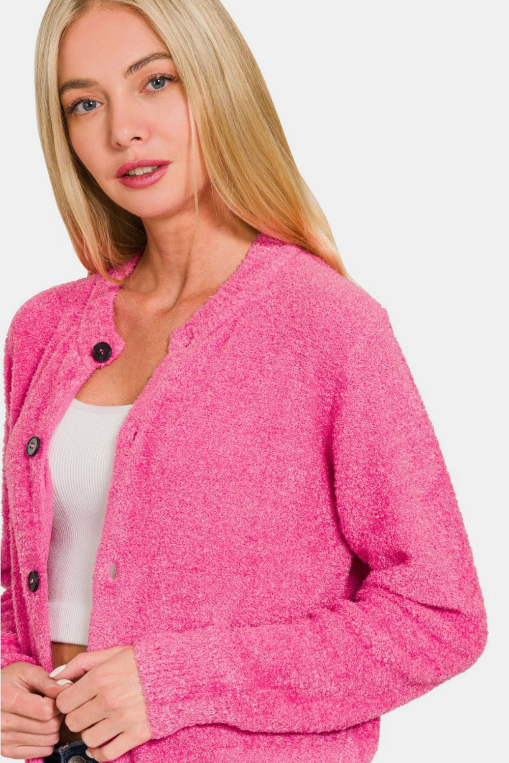 Desi Button Down Long Sleeve Sweater Cardigan in Fuchsia