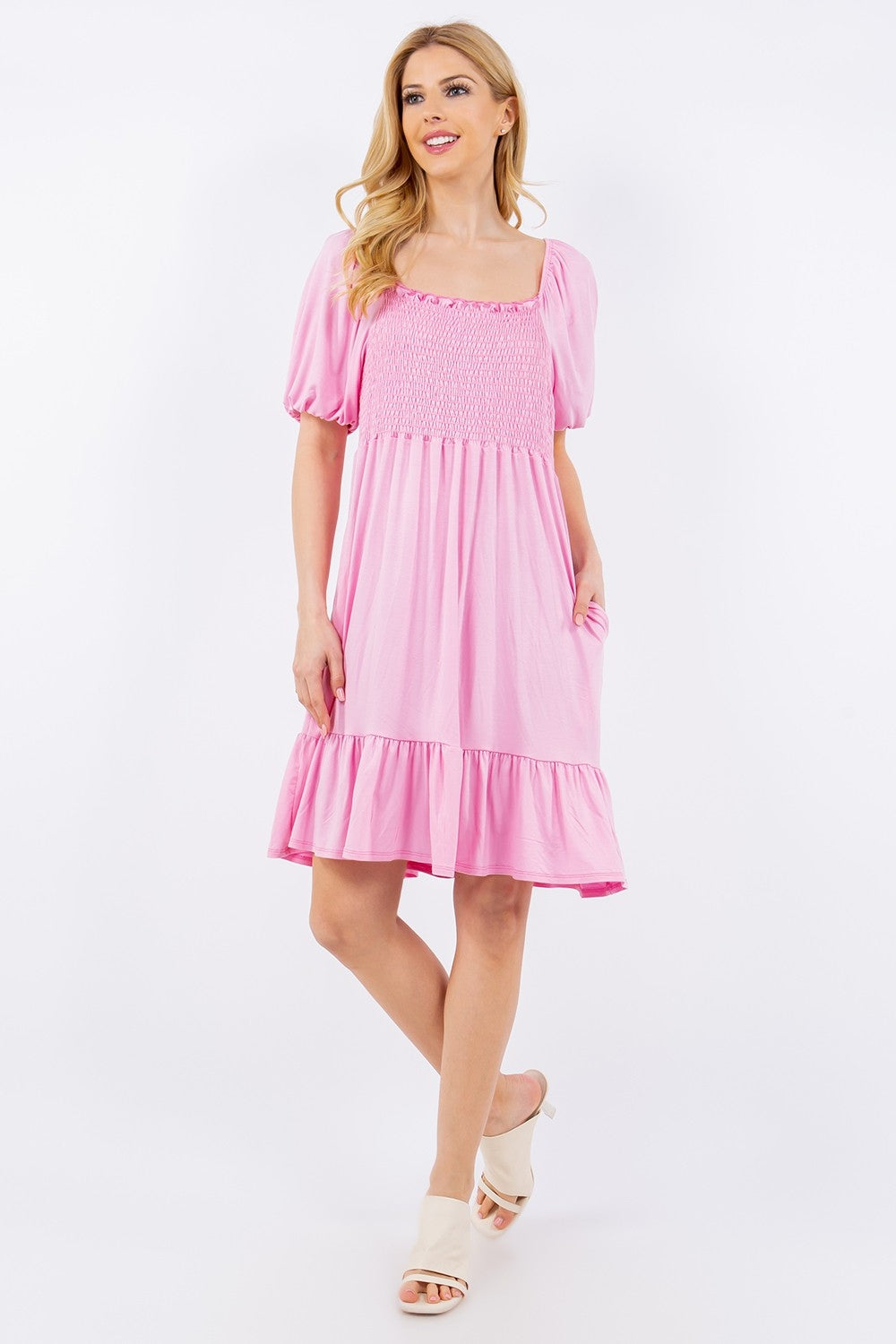 Deena Ruffle Hem Short Sleeve Smocked Dress