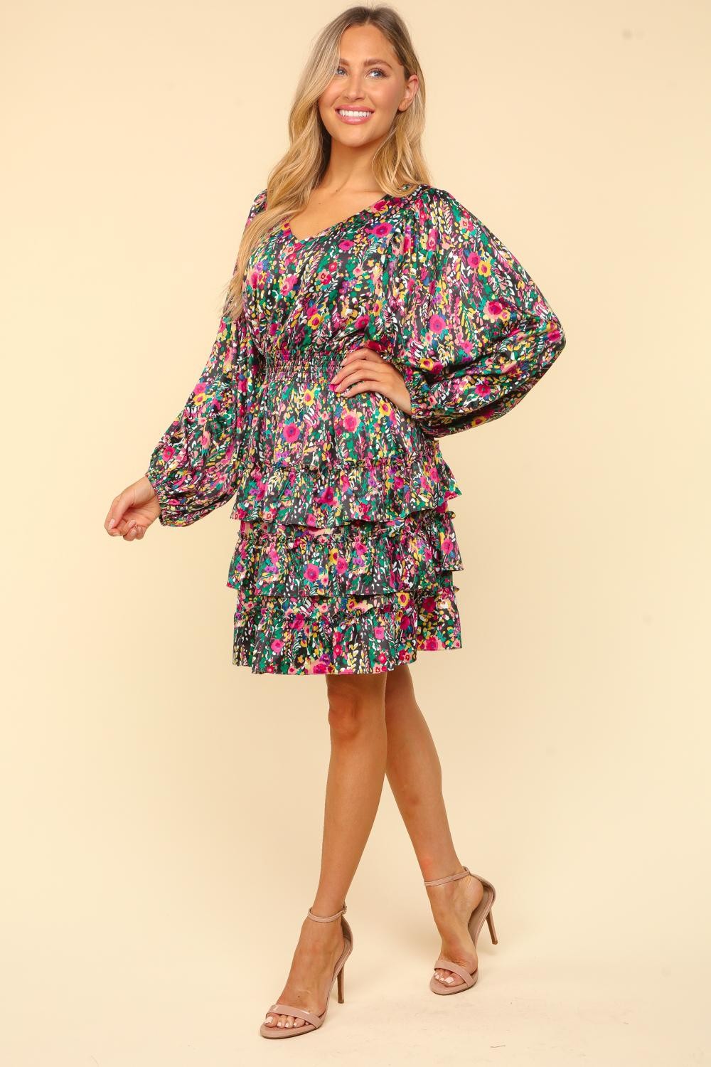 Jayda V-Neck Satin Floral Layered Dress