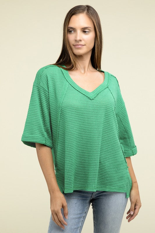 Sydney Brushed Waffle Exposed-Seam 3/4 Sleeve Top