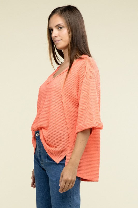 Sydney Brushed Waffle Exposed-Seam 3/4 Sleeve Top