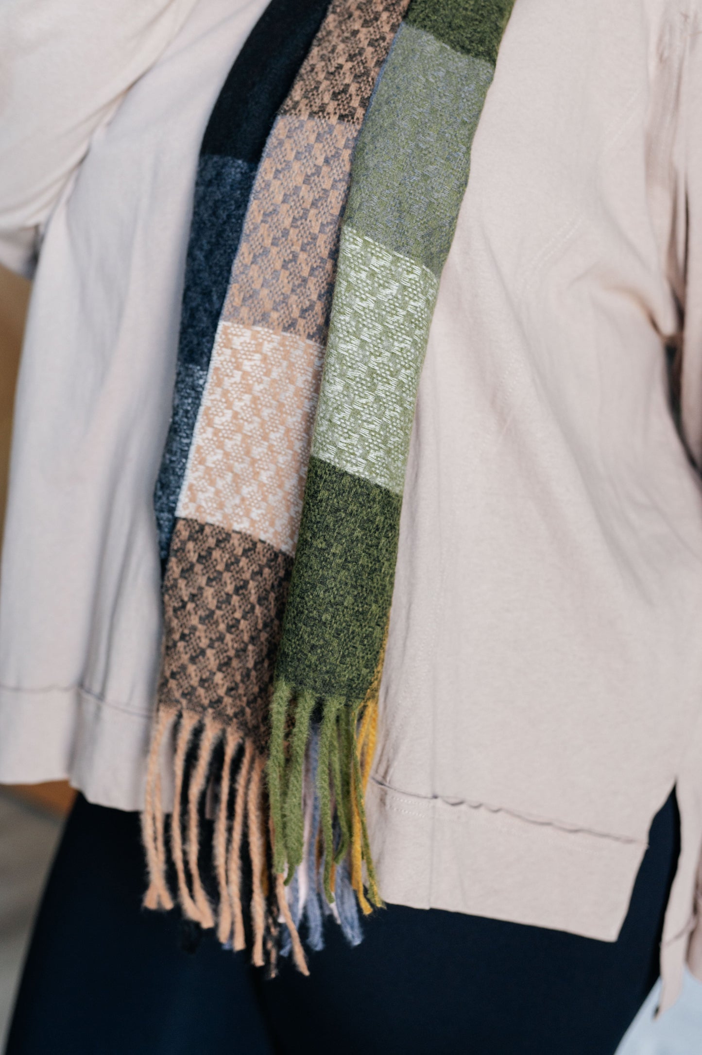 Checkered Fringe Scarf in Woodland Shades