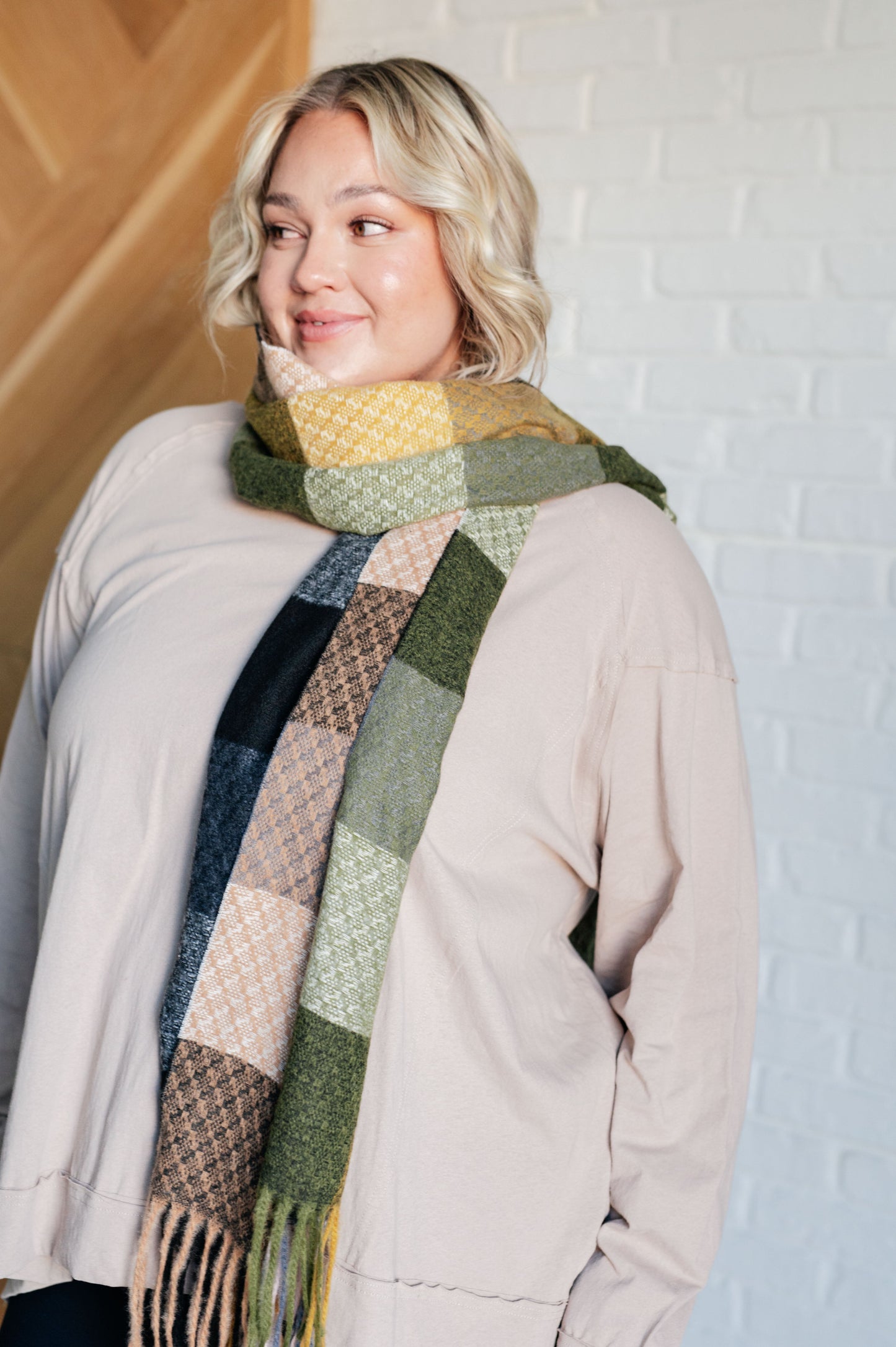 Checkered Fringe Scarf in Woodland Shades