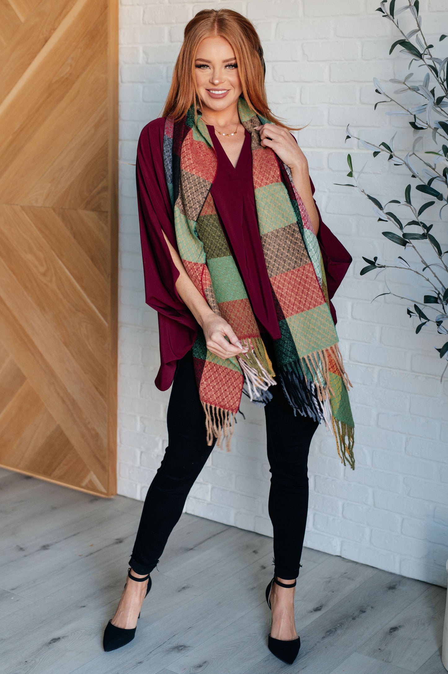 Checkered Fringe Scarf in Berry