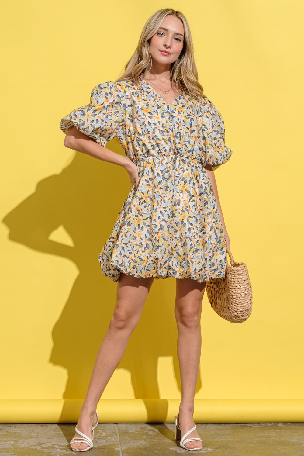 Virginia Floral Surplice Puff Sleeve Dress in Yellow