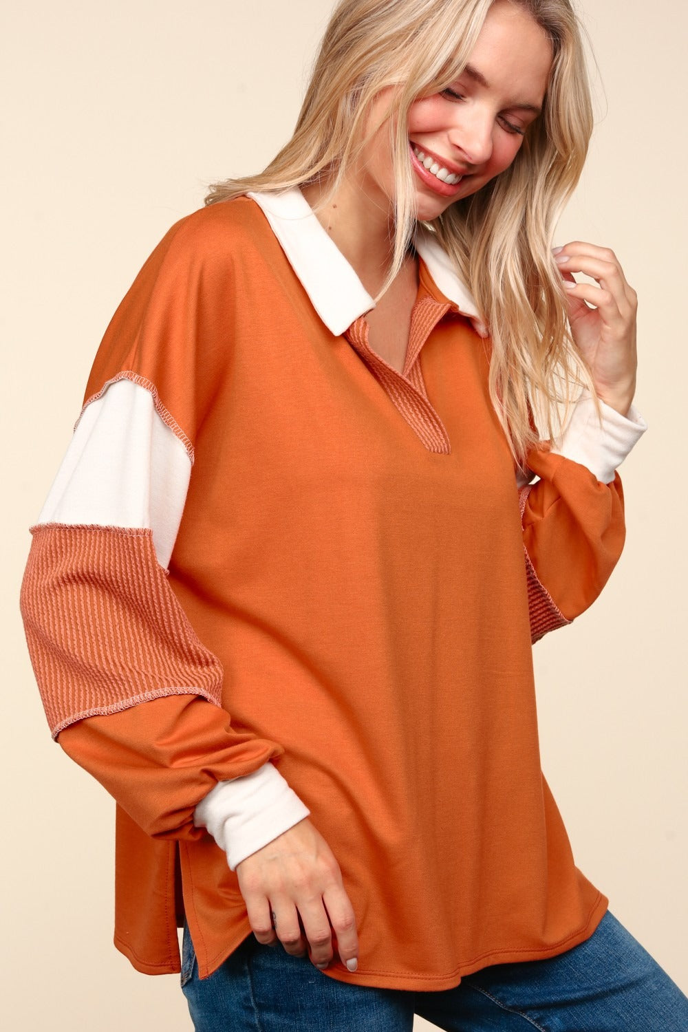 Gibby Color Block Exposed Seam Long Sleeve Top