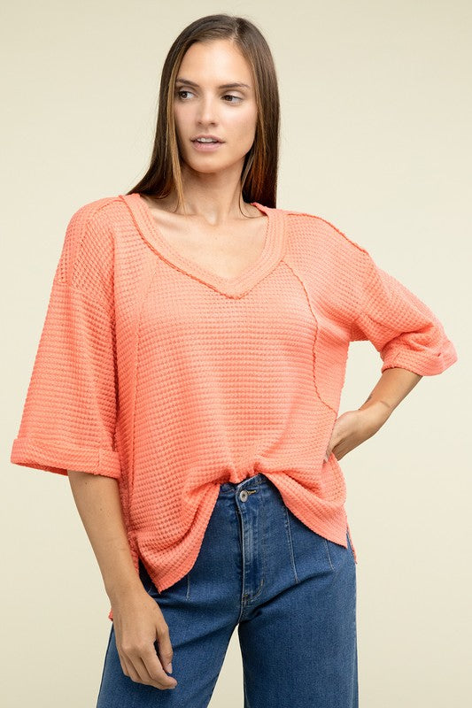 Sydney Brushed Waffle Exposed-Seam 3/4 Sleeve Top