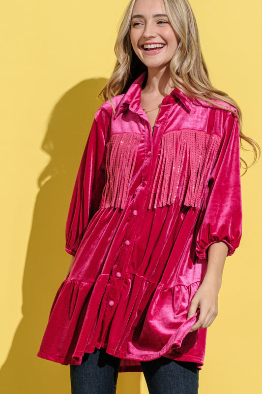 Anya Fringe Detailed Velvet Shirt Dress in Magenta