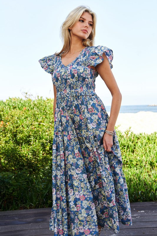 Marlena Floral Flutter Smocking Midi Dress