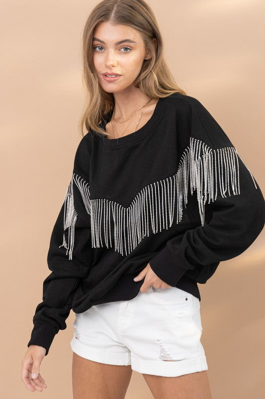 Rhona Rhinestone Fringe Pullover