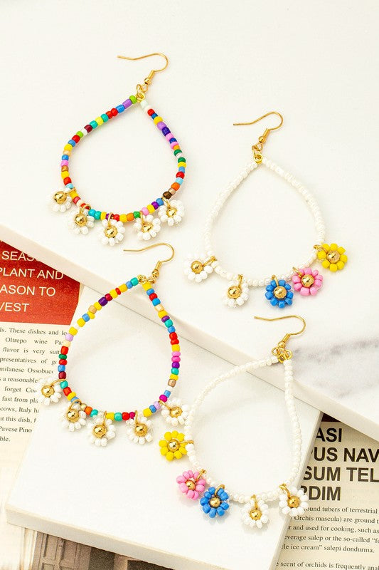 Seed Bead Daisy Hoop Earrings