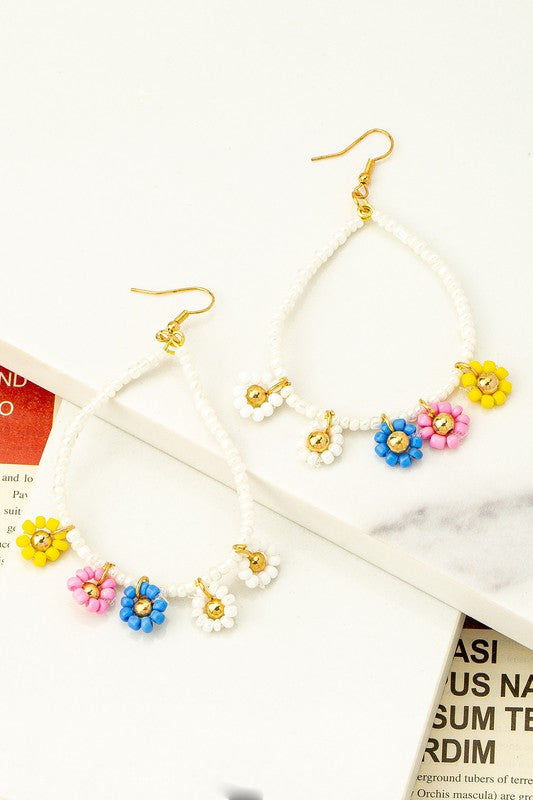 Seed Bead Daisy Hoop Earrings