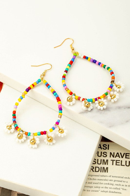 Seed Bead Daisy Hoop Earrings