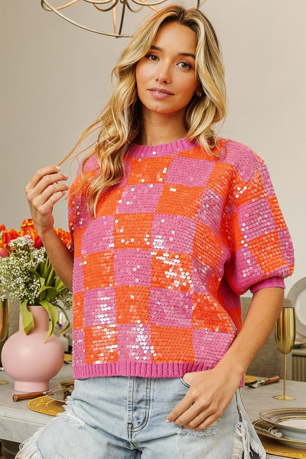 Rya Checkered Sequin Sweater