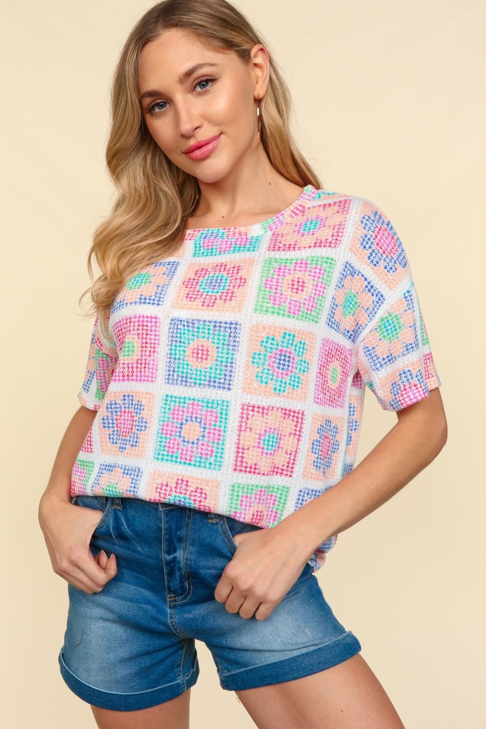 Flower Print Round Neck Short Sleeve Top