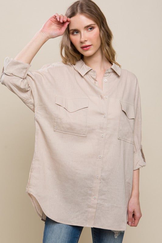 Susana Linen Oversized Double Pocket Button Down Shirt