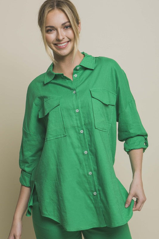 Susana Linen Oversized Double Pocket Button Down Shirt