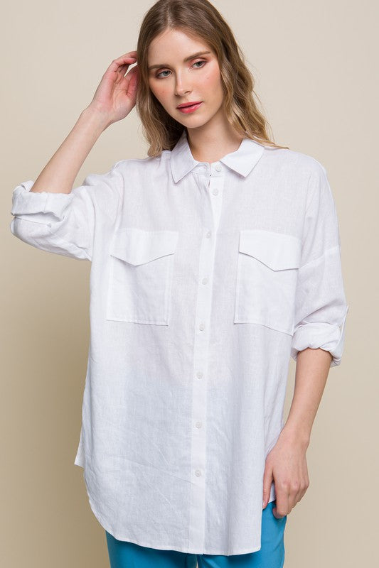 Susana Linen Oversized Double Pocket Button Down Shirt