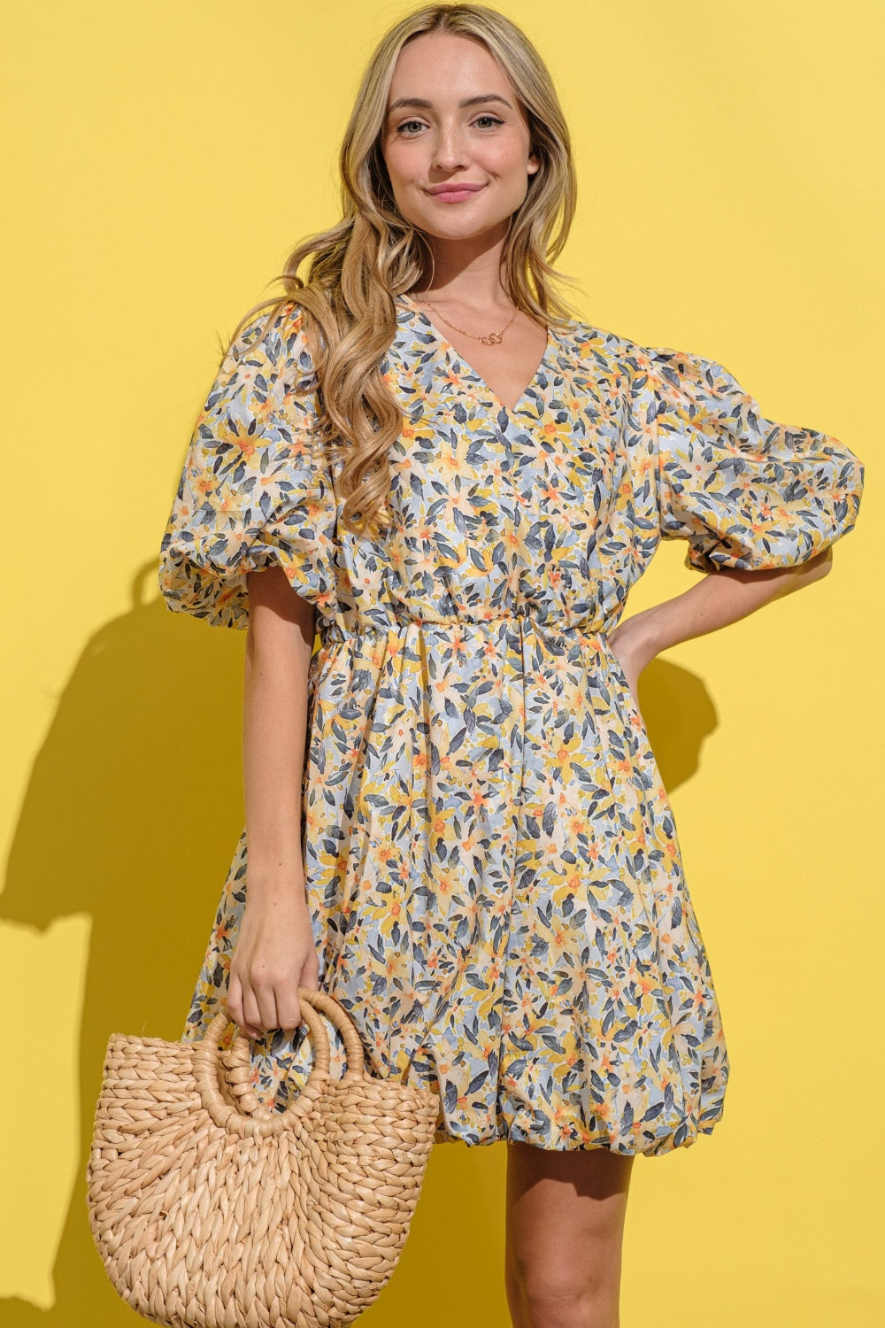 Virginia Floral Surplice Puff Sleeve Dress in Yellow