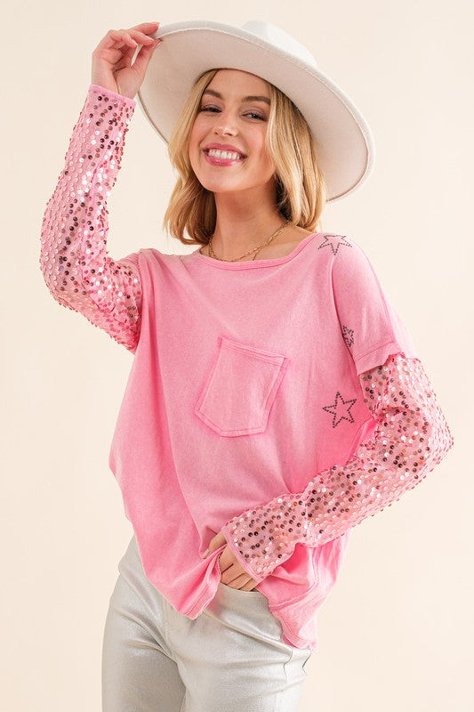 Star Printed Shoulder Sequined Top