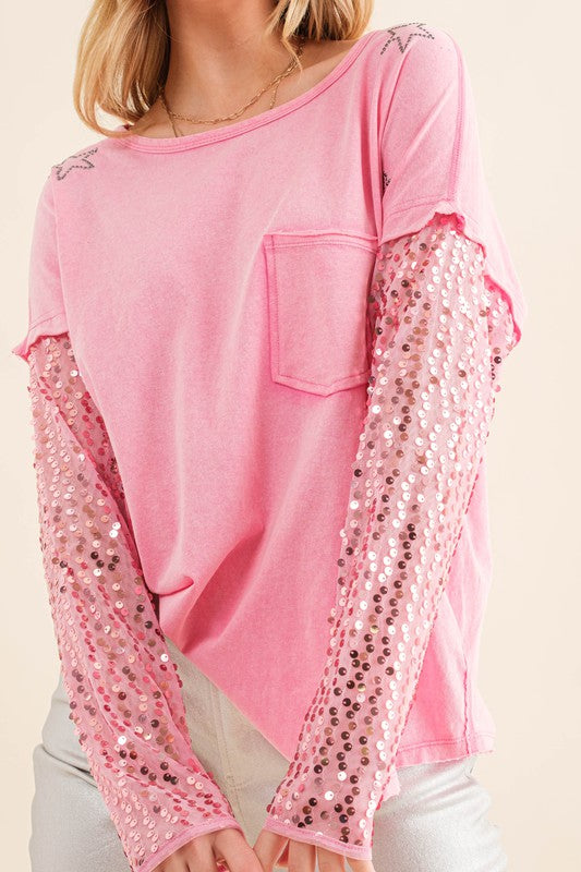 Star Printed Shoulder Sequined Top