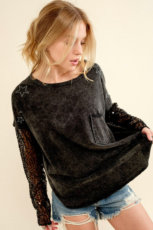 Star Printed Shoulder Sequined Top