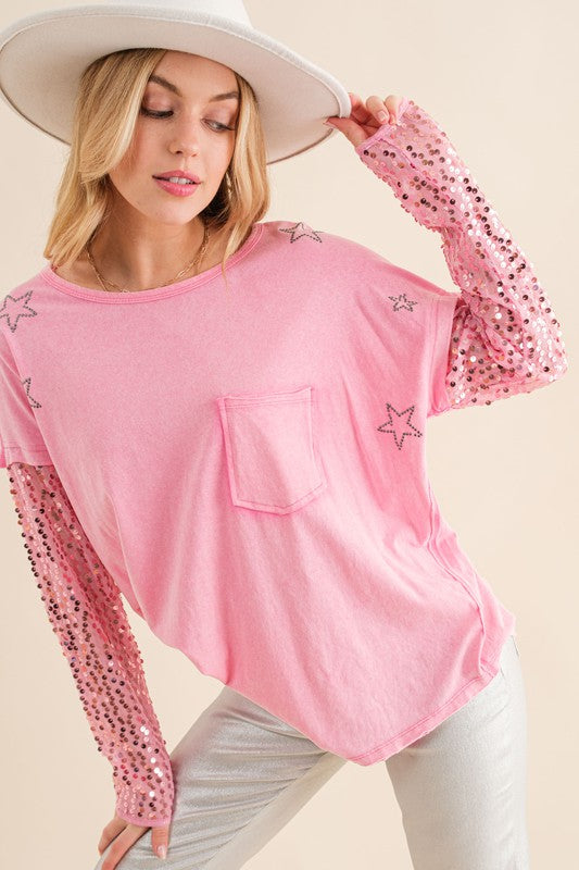 Star Printed Shoulder Sequined Top