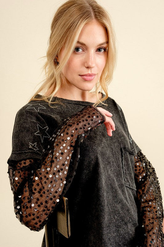 Star Printed Shoulder Sequined Top