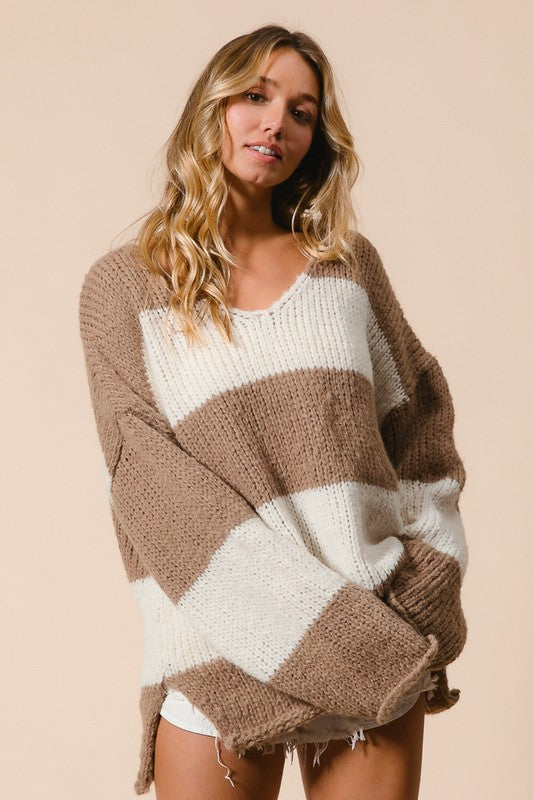 Shay Striped V-Neck Dropped Shoulder Sweater