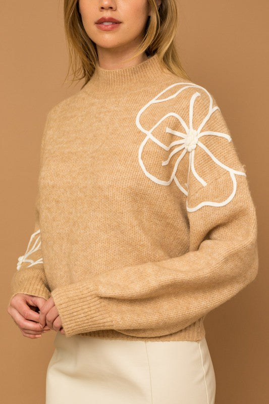 Kristelle Flower Embroidery Mock Neck Sweater