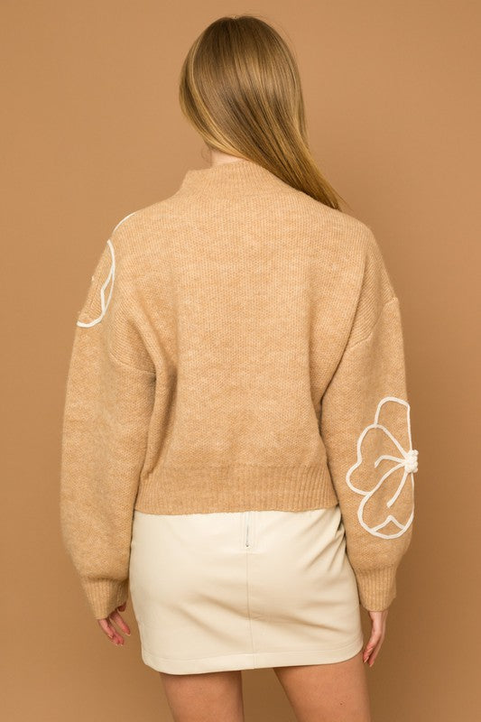 Kristelle Flower Embroidery Mock Neck Sweater