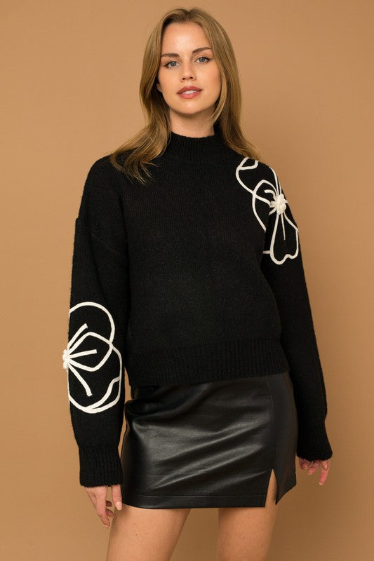 Kristelle Flower Embroidery Mock Neck Sweater