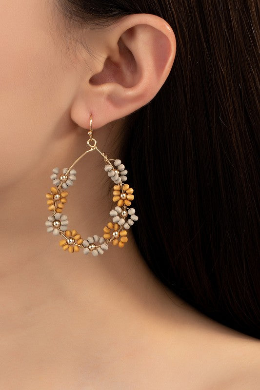 Beaded Floral Hoop Earrings Handmade