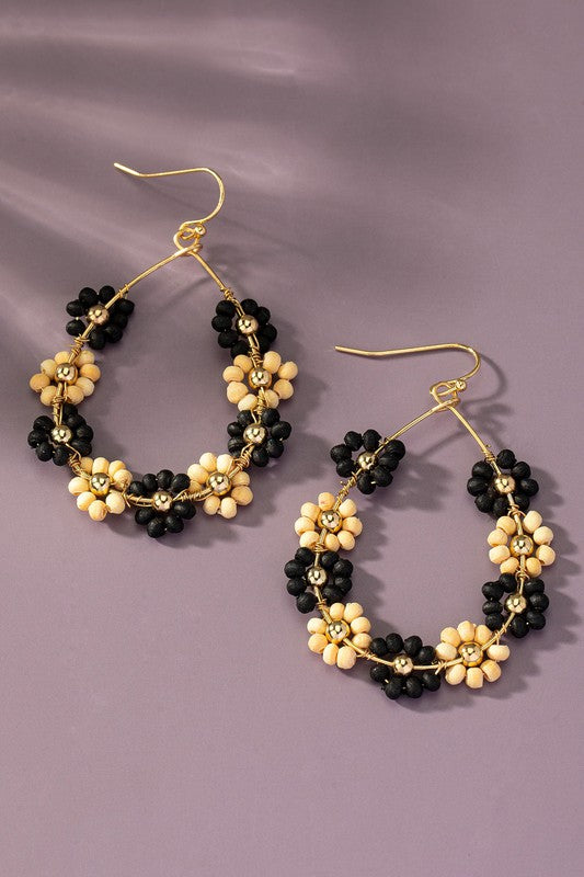 Beaded Floral Hoop Earrings Handmade