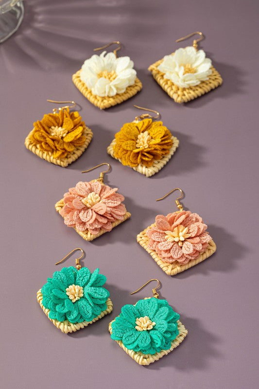 Straw Square Earrings with Fabric Flowers