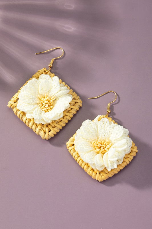 Straw Square Earrings with Fabric Flowers