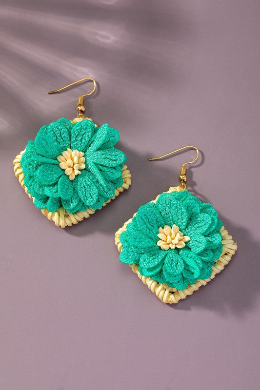 Straw Square Earrings with Fabric Flowers