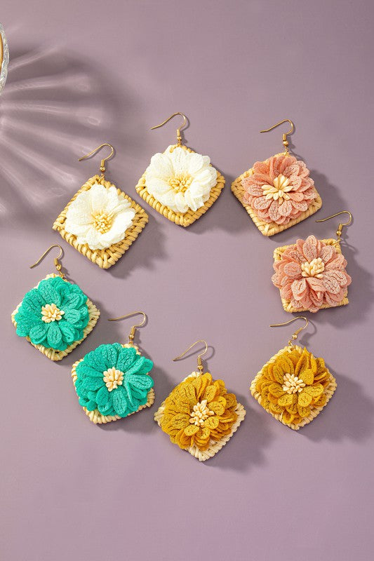 Straw Square Earrings with Fabric Flowers