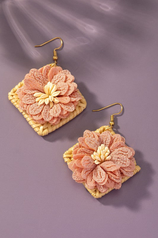 Straw Square Earrings with Fabric Flowers