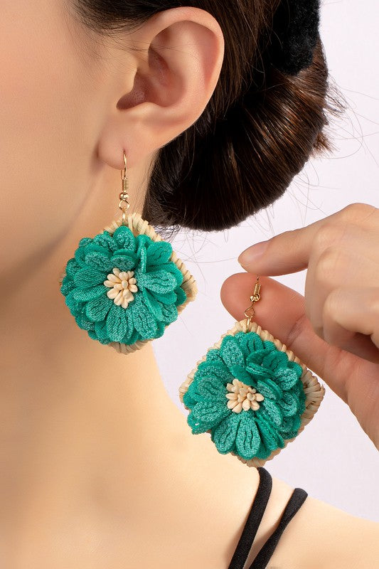 Straw Square Earrings with Fabric Flowers