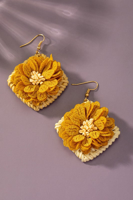 Straw Square Earrings with Fabric Flowers