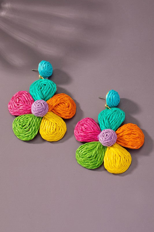 Raffia Straw Flower Drop Earrings