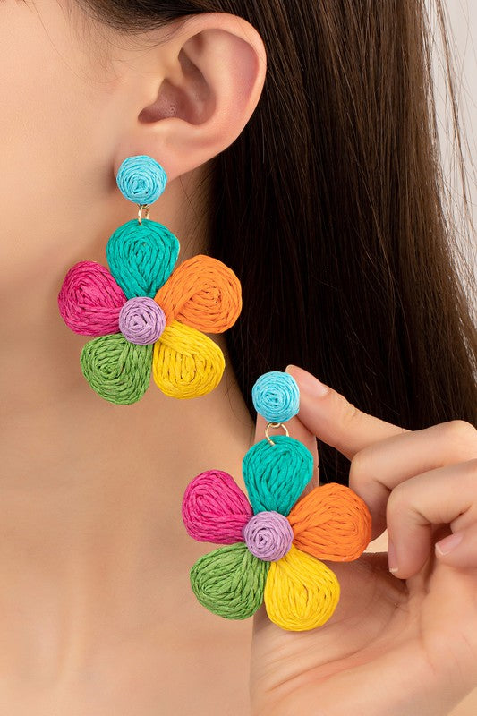 Raffia Straw Flower Drop Earrings