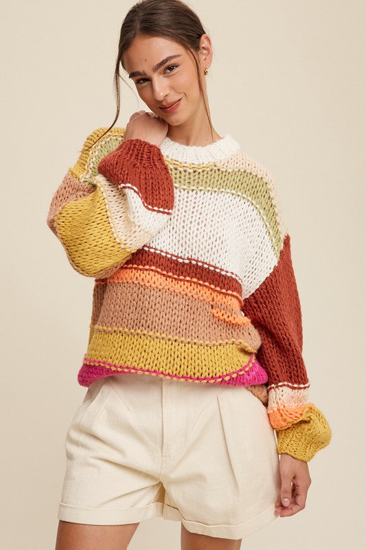 Ellie Mixed Knit Slouchy Hand Crochet Sweater