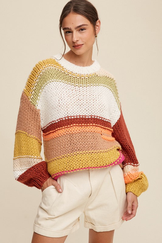 Ellie Mixed Knit Slouchy Hand Crochet Sweater